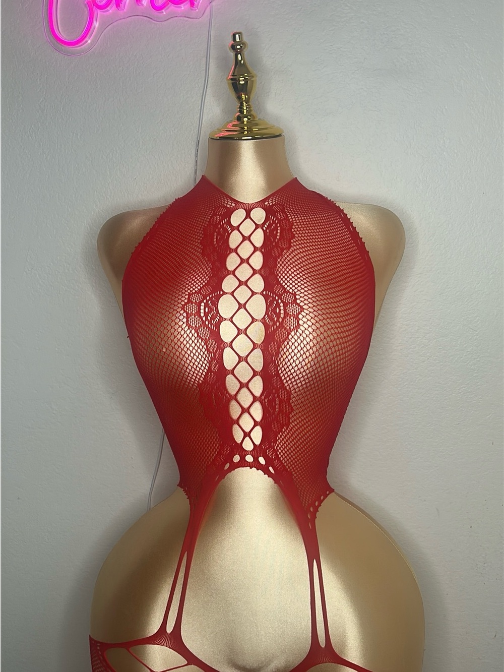 Red Lace Fishnet Halter Bodysuit